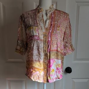 Elie Tahari Pink and Gold Patchwork Blouse